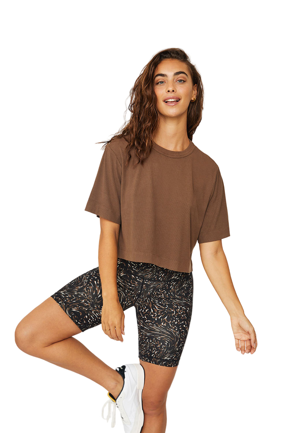 Cream Yoga Karen oversized ss cropped tee - Mocha - Front View