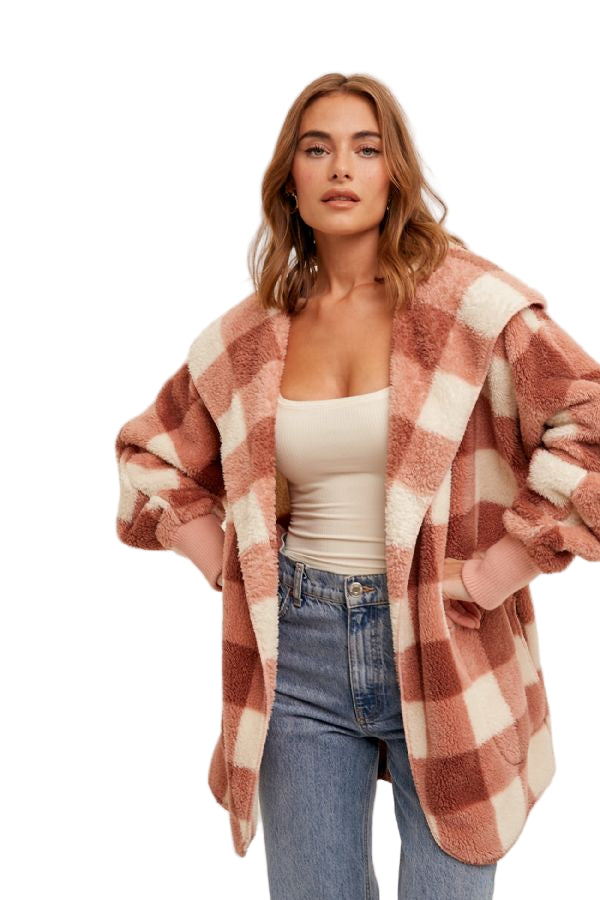 Hem & Thread Multi Color Checker Oversized Fuzzy Hooded Jacket 31296W