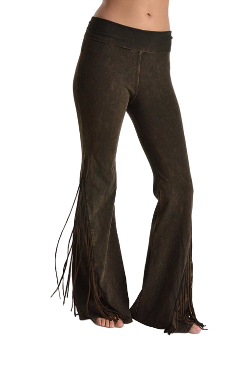 T-Party Fold Down Fringe Bottom Side Leg Mineral Washed Yoga Pants - Brown - Side View