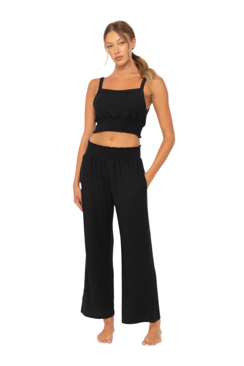 Mono B Smocked Waistband Ribbed Wide Leg Pants - Black - Front Full View