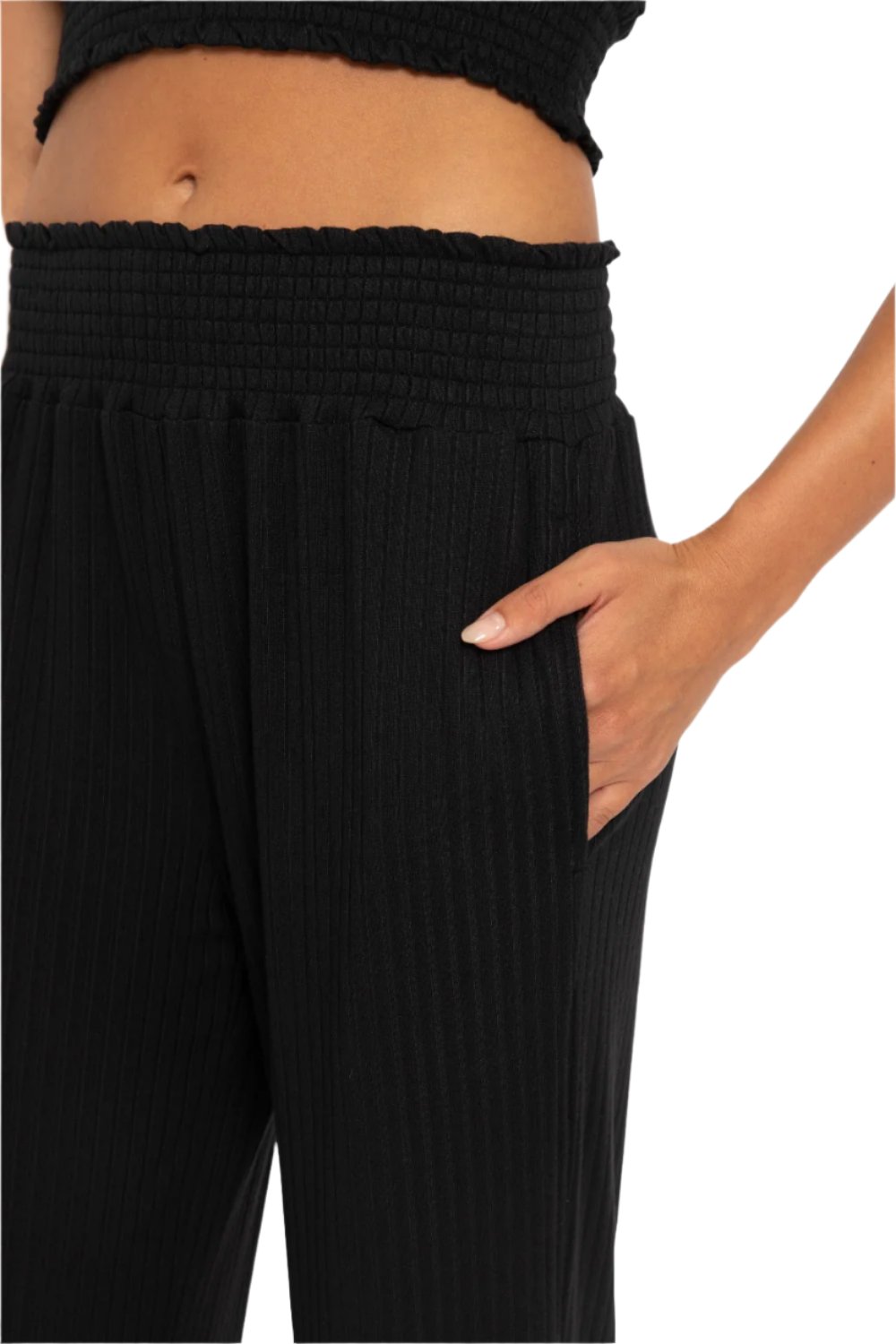 Mono B Smocked Waistband Ribbed Wide Leg Pants - Black - Front Rear View