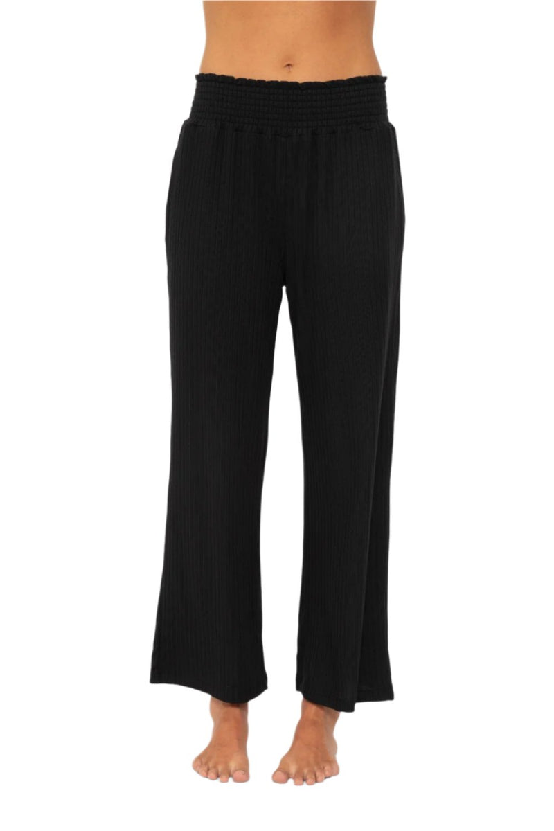 Mono B Smocked Waistband Ribbed Wide Leg Pants - Black - Front View