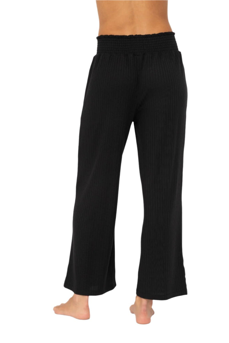 Mono B Smocked Waistband Ribbed Wide Leg Pants - Black - Back View