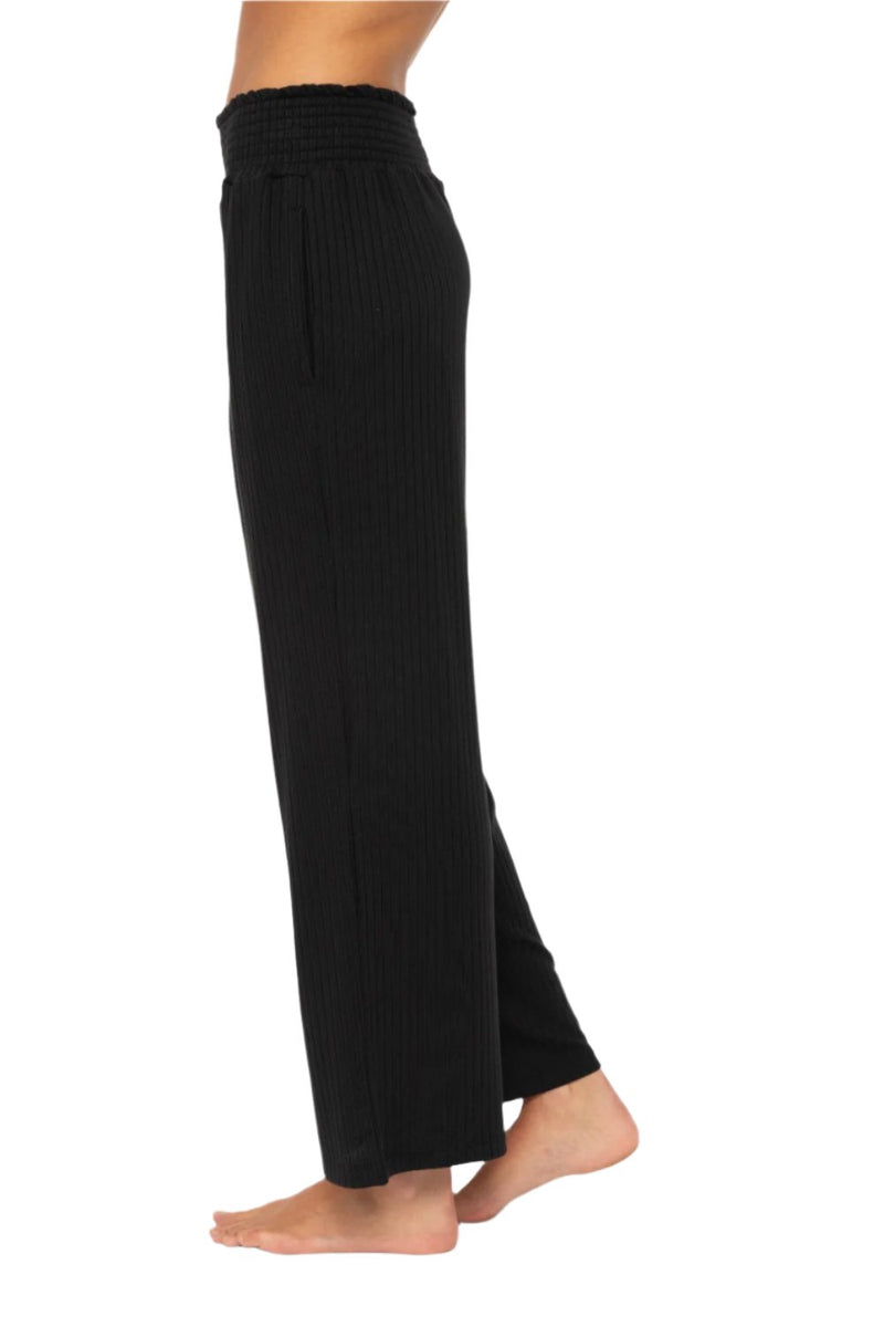 Mono B Smocked Waistband Ribbed Wide Leg Pants - Black - Side View