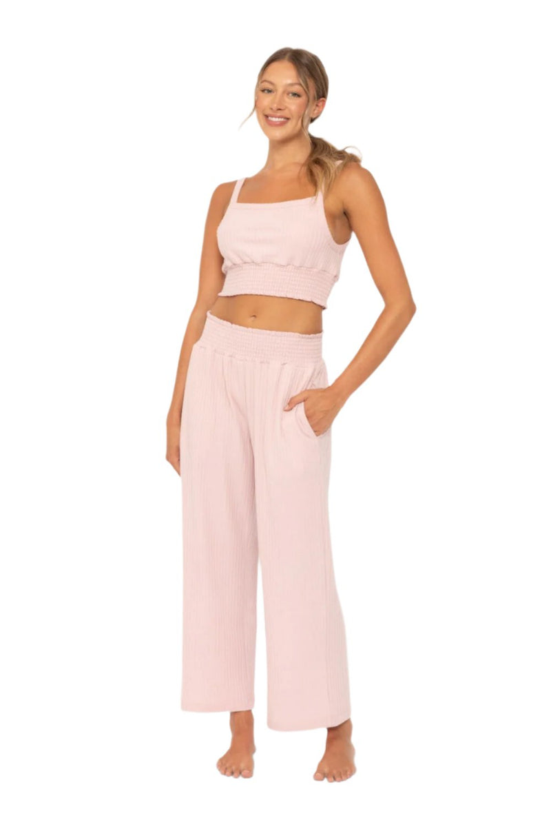 Mono B Smocked Waistband Ribbed Wide Leg Pants - Cool Mauve - Front Full View