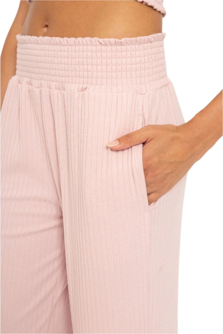 Mono B Smocked Waistband Ribbed Wide Leg Pants - Cool Mauve - Side Rear View