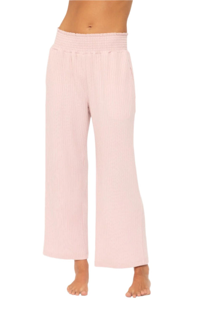 Mono B Smocked Waistband Ribbed Wide Leg Pants - Cool Mauve - Front View