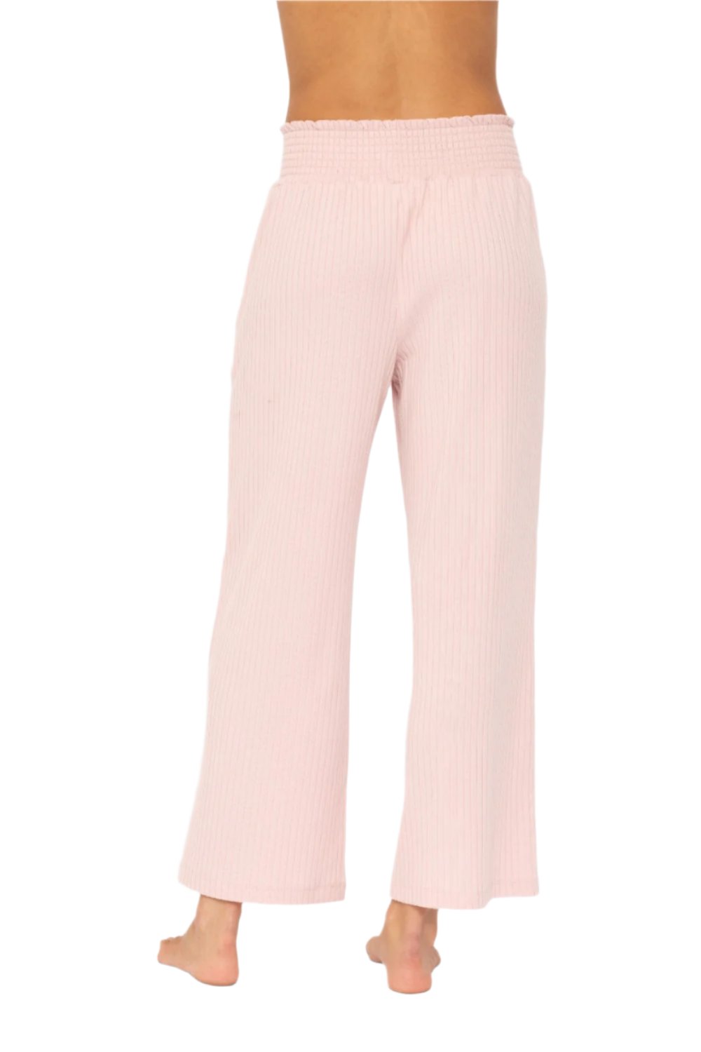 Mono B Smocked Waistband Ribbed Wide Leg Pants - Cool Mauve - Back View