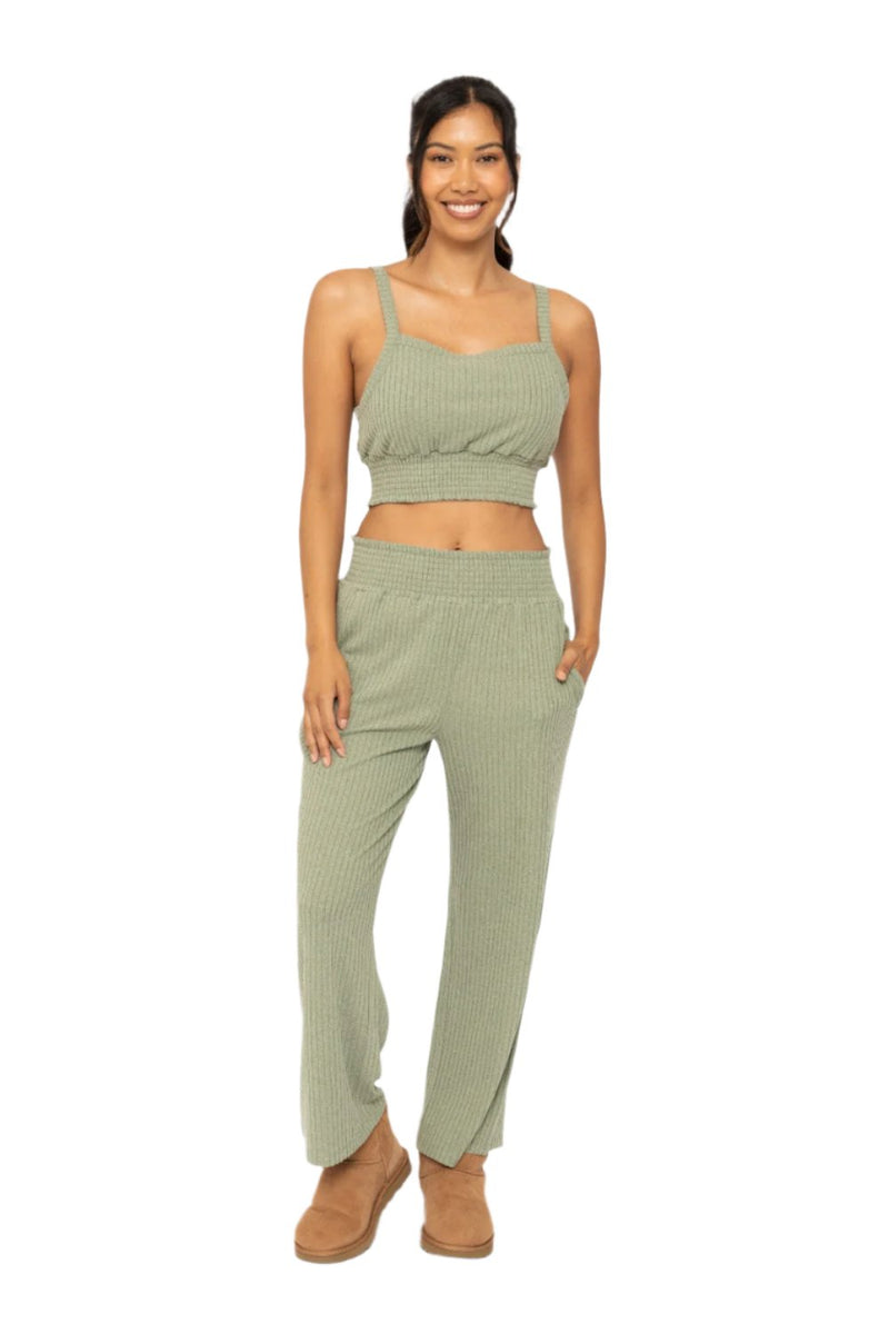 Mono B Smocked Waistband Ribbed Wide Leg Pants - Sage - Front Full View