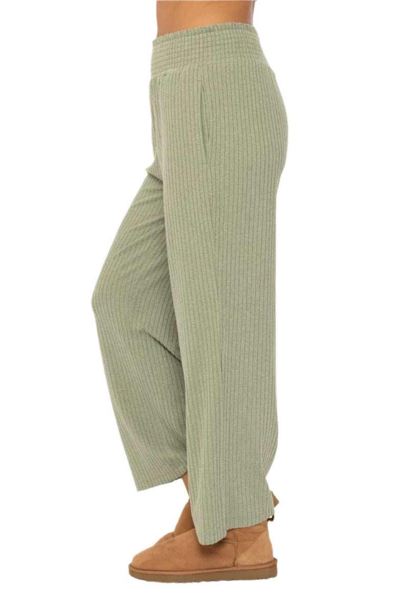 Mono B Smocked Waistband Ribbed Wide Leg Pants - Sage - Side View