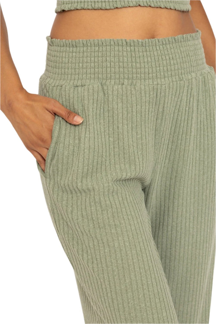 Mono B Smocked Waistband Ribbed Wide Leg Pants - Sage - Side Rear View