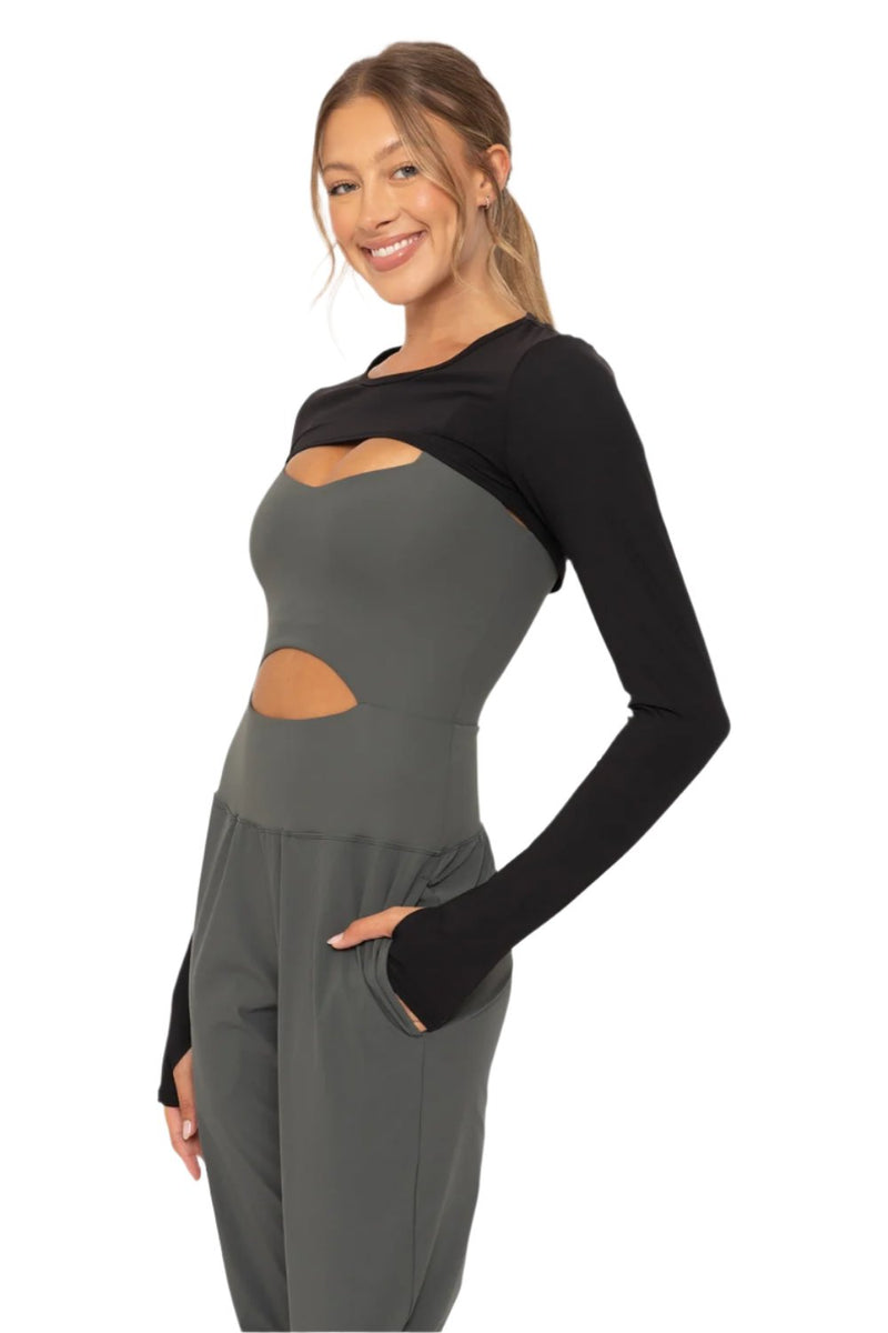 Mono B GREEN - Long Sleeve Mini Shrug with Thumbholes - Black - Side View