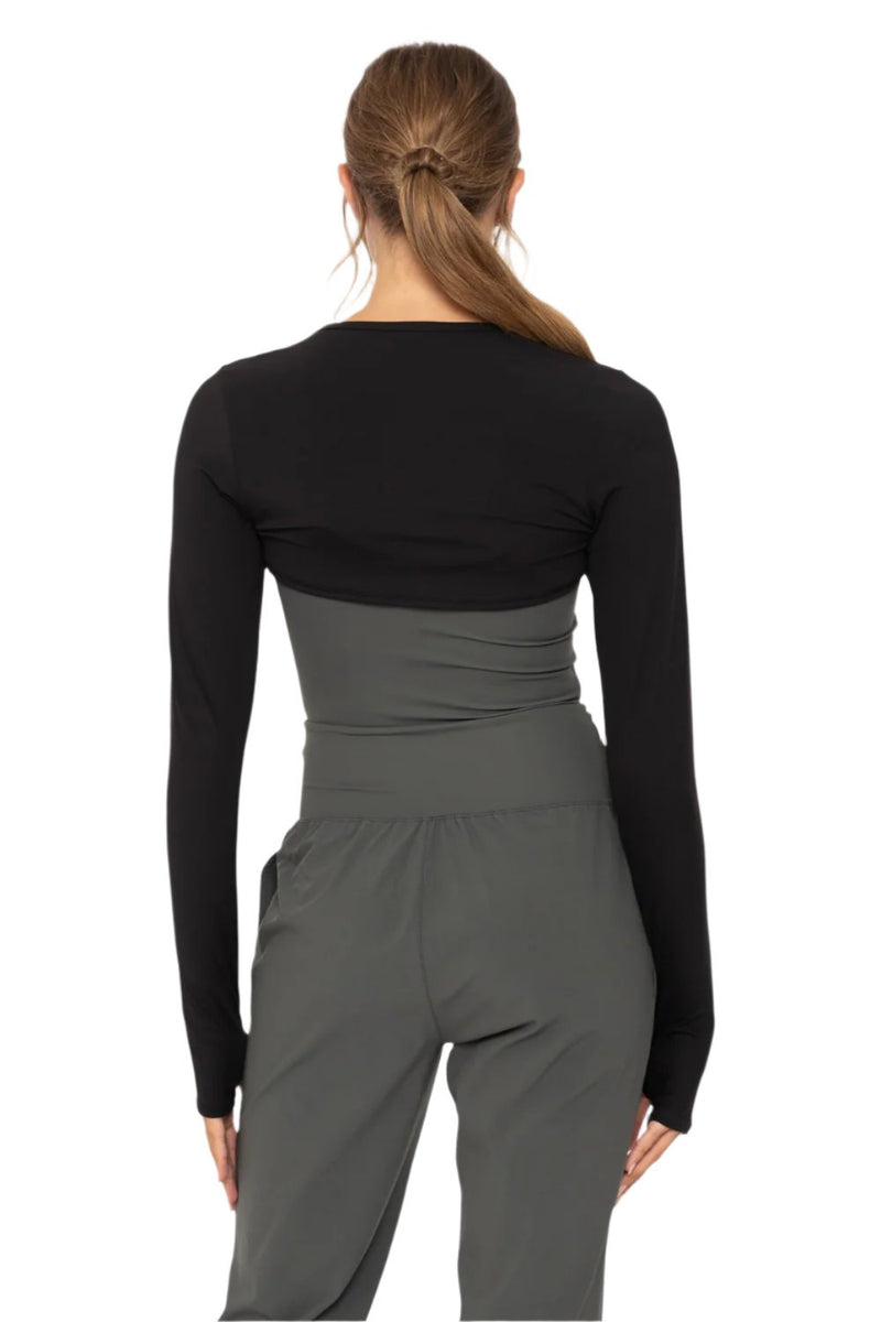 Mono B GREEN - Long Sleeve Mini Shrug with Thumbholes - Black - Back View