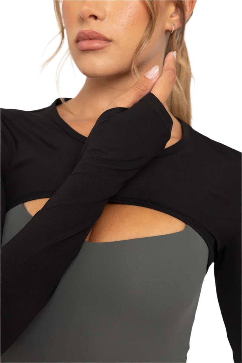 Mono B GREEN - Long Sleeve Mini Shrug with Thumbholes - Black - Front Rear View