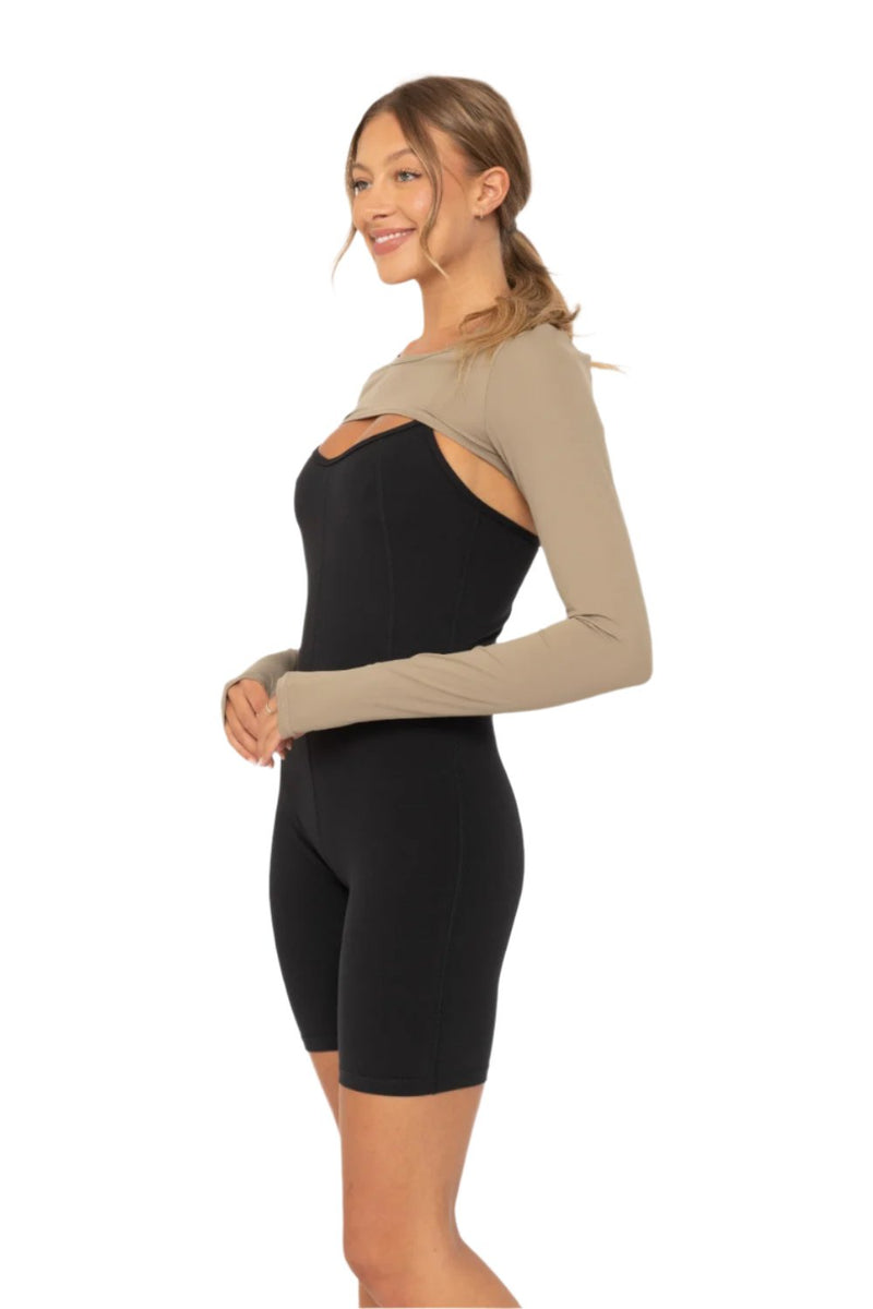 Mono B GREEN - Long Sleeve Mini Shrug with Thumbholes - Warm Grey - Side View