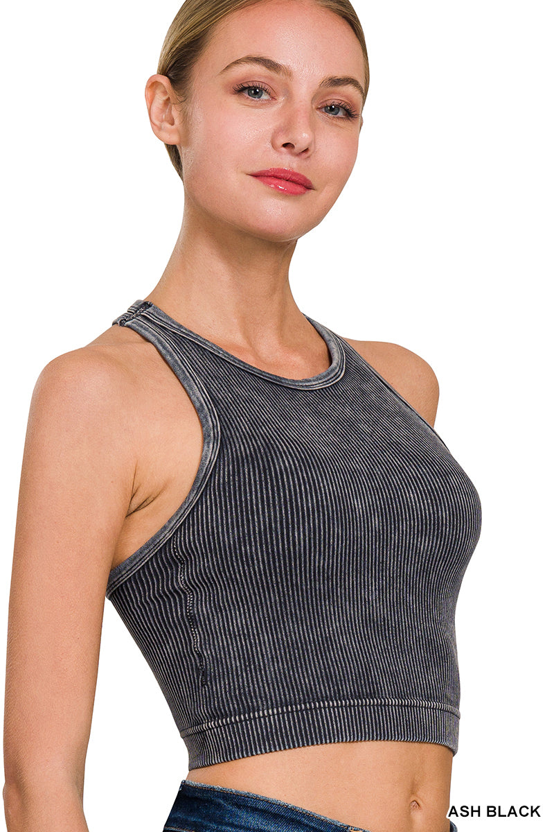 Zenana Padded Mineral Washed Ribbed Racer Crop NTW-6301