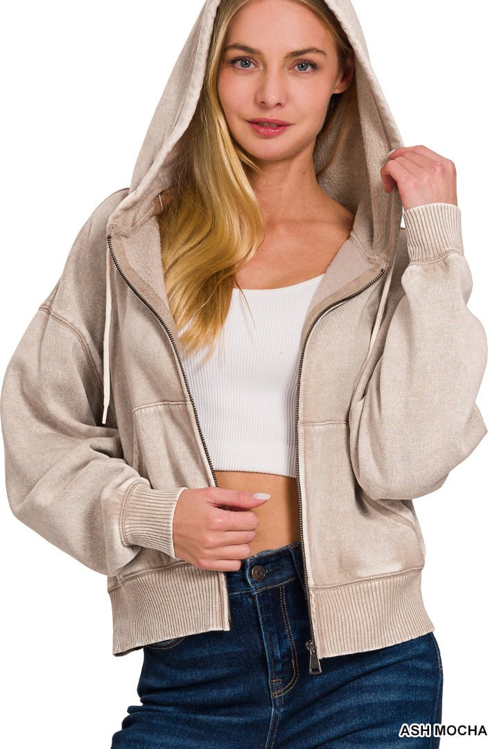 Zenana Full Zip Mineral Washed Hooded Sweatshirt OJW-4308