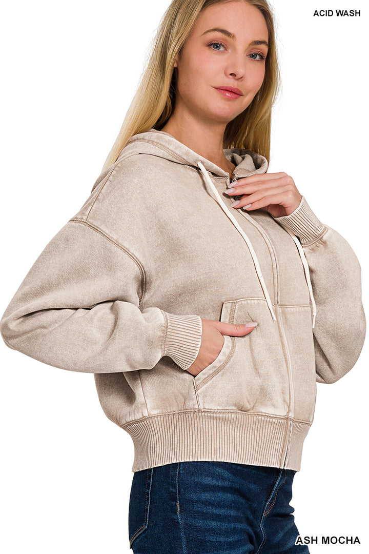 Zenana Full Zip Mineral Washed Hooded Sweatshirt OJW-4308