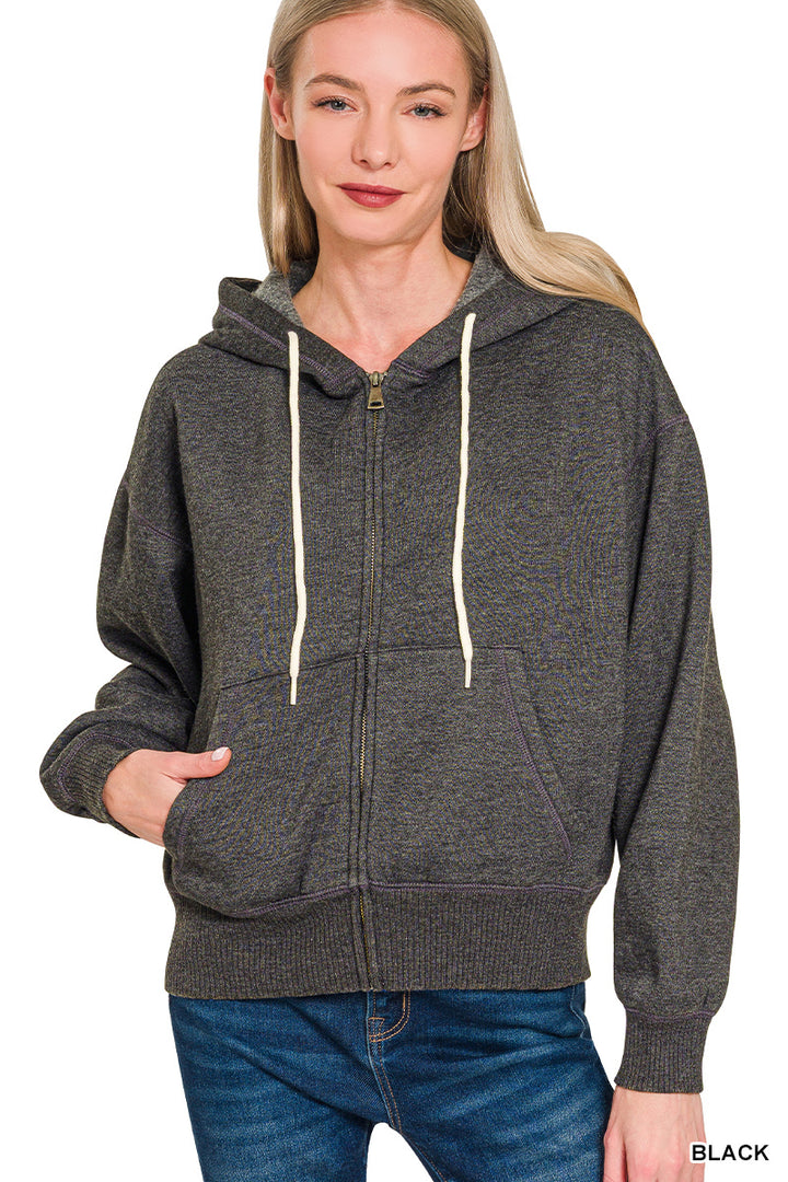 Zenana Full Zip Mineral Washed Hooded Sweatshirt OJW-4308
