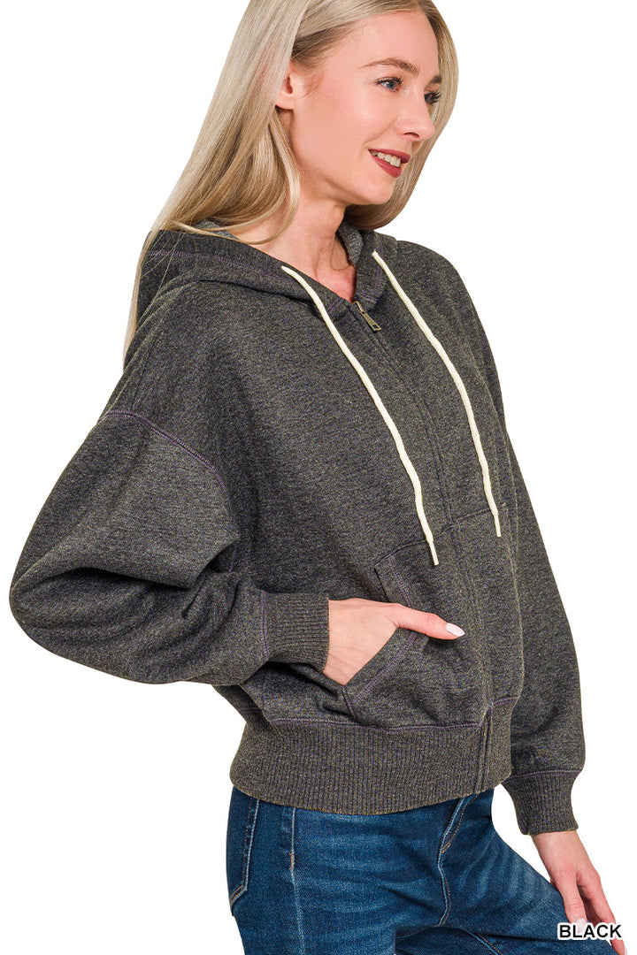 Zenana Full Zip Mineral Washed Hooded Sweatshirt OJW-4308