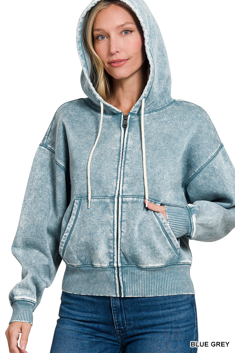 Zenana Full Zip Mineral Washed Hooded Sweatshirt OJW-4308