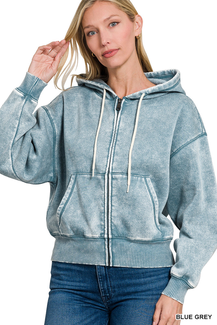 Zenana Full Zip Mineral Washed Hooded Sweatshirt OJW-4308