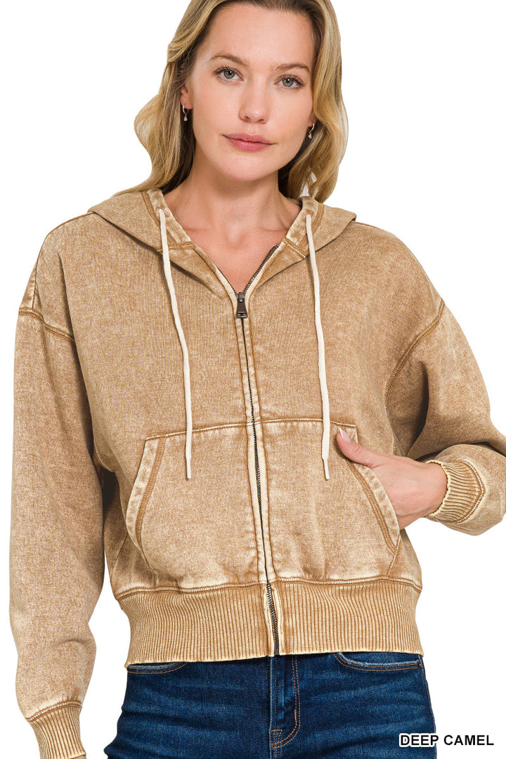 Zenana Full Zip Mineral Washed Hooded Sweatshirt OJW-4308