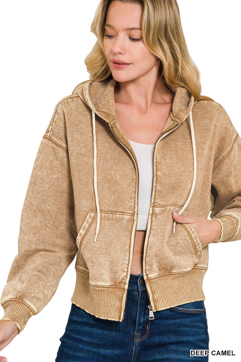 Zenana Full Zip Mineral Washed Hooded Sweatshirt OJW-4308
