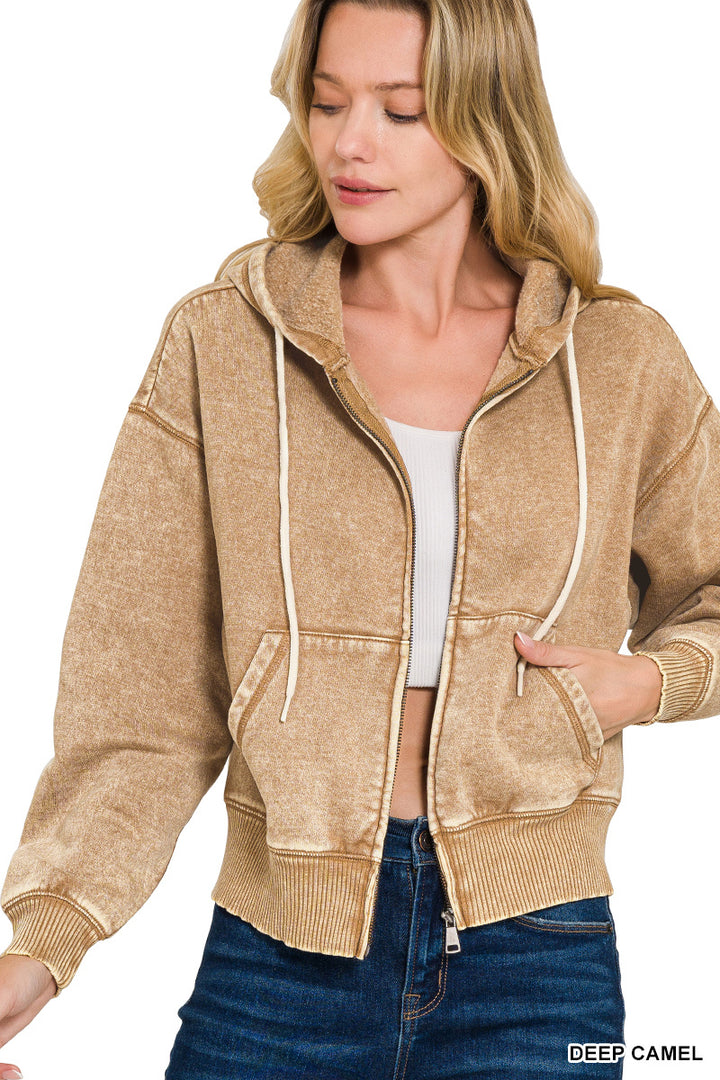 Zenana Full Zip Mineral Washed Hooded Sweatshirt OJW-4308