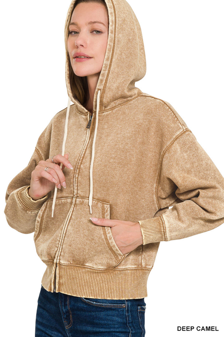 Zenana Full Zip Mineral Washed Hooded Sweatshirt OJW-4308