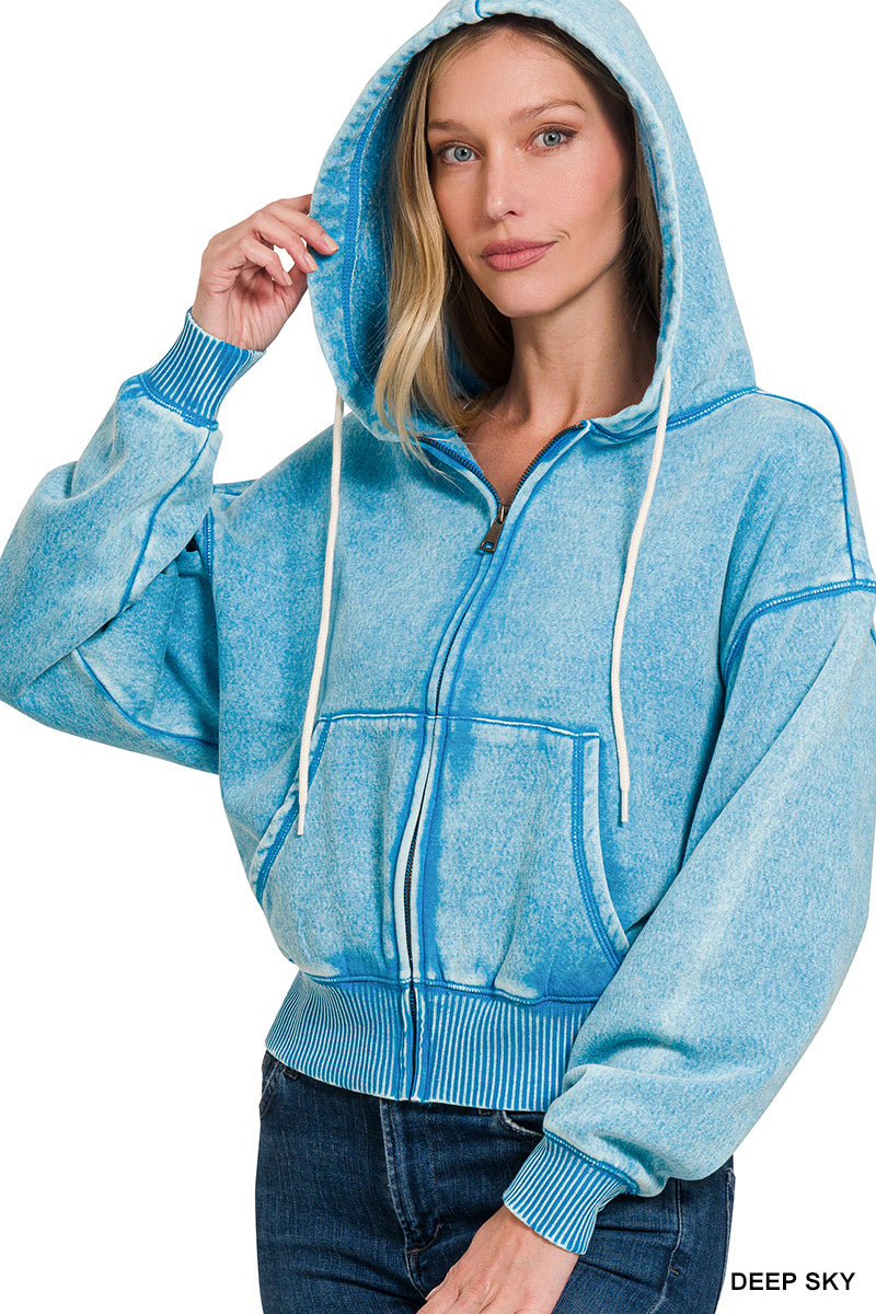 Zenana Full Zip Mineral Washed Hooded Sweatshirt OJW-4308