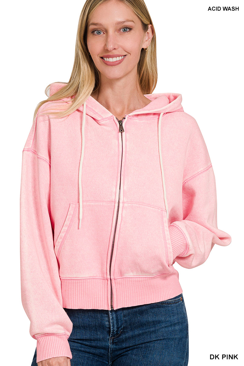 Zenana Full Zip Mineral Washed Hooded Sweatshirt OJW-4308