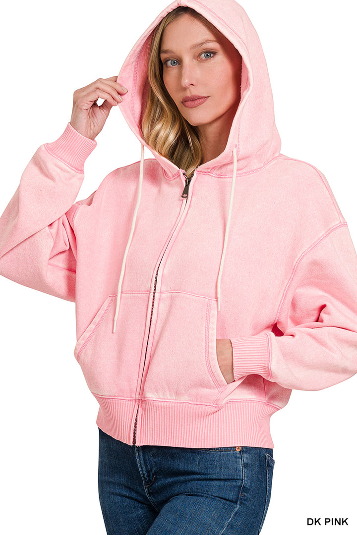 Zenana Full Zip Mineral Washed Hooded Sweatshirt OJW-4308