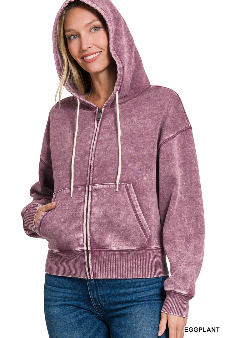 Zenana Full Zip Mineral Washed Hooded Sweatshirt OJW-4308