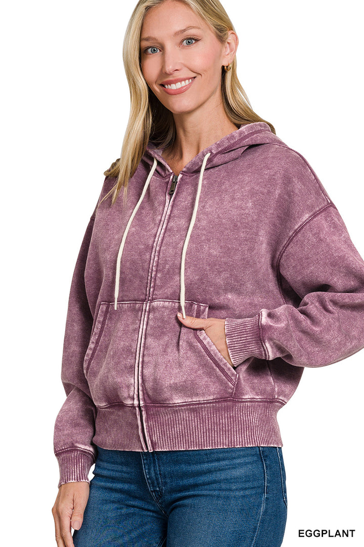 Zenana Full Zip Mineral Washed Hooded Sweatshirt OJW-4308