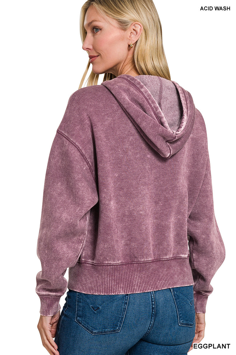 Zenana Full Zip Mineral Washed Hooded Sweatshirt OJW-4308