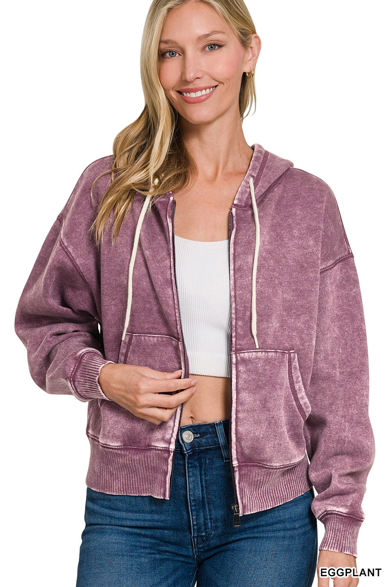 Zenana Full Zip Mineral Washed Hooded Sweatshirt OJW-4308