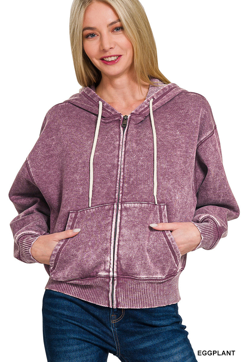 Zenana Full Zip Mineral Washed Hooded Sweatshirt OJW-4308