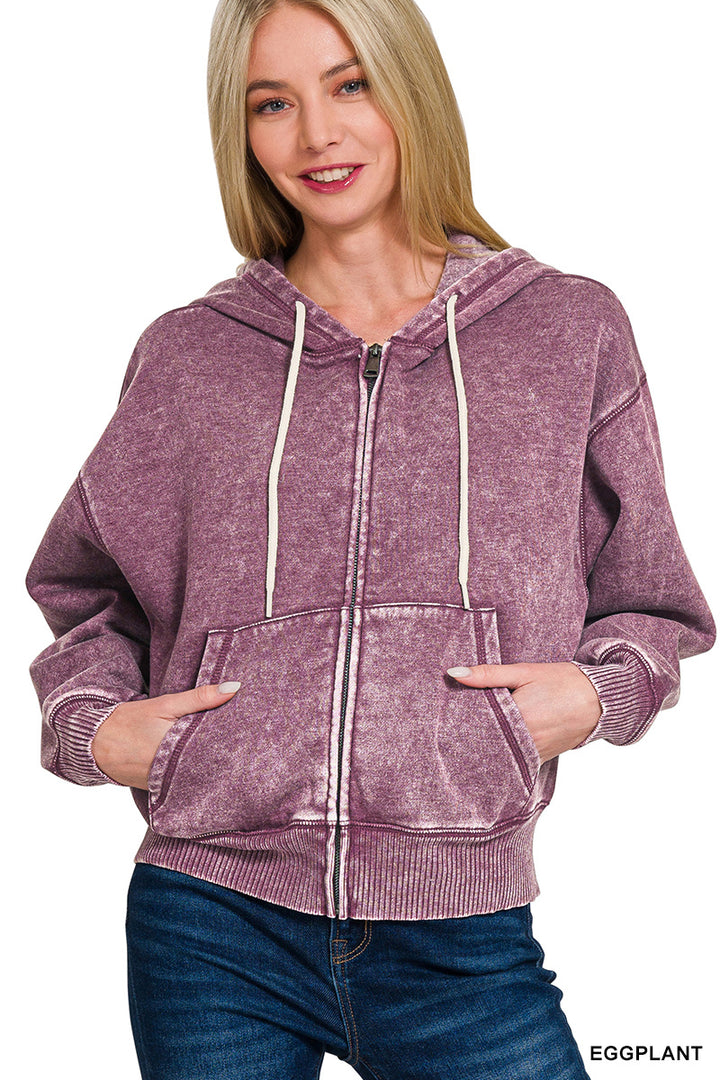 Zenana Full Zip Mineral Washed Hooded Sweatshirt OJW-4308