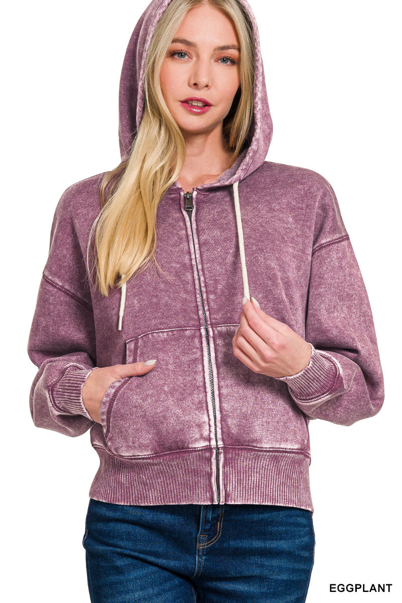 Zenana Full Zip Mineral Washed Hooded Sweatshirt OJW-4308
