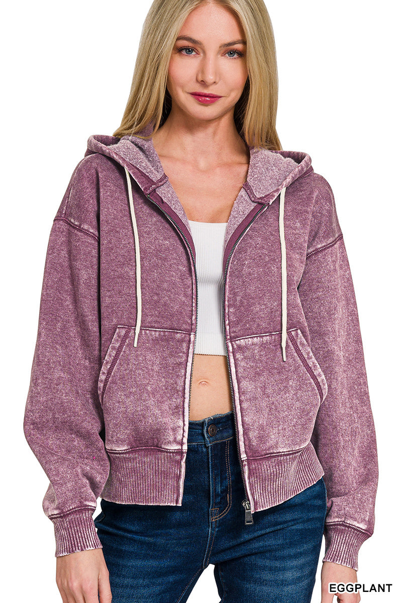 Zenana Full Zip Mineral Washed Hooded Sweatshirt OJW-4308