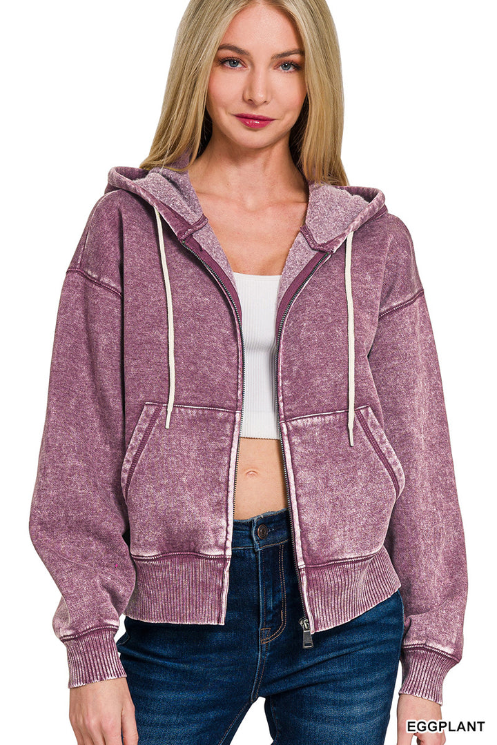 Zenana Full Zip Mineral Washed Hooded Sweatshirt OJW-4308