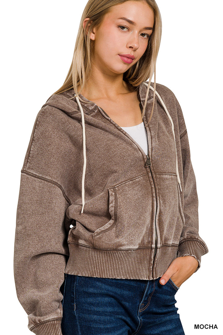 Zenana Full Zip Mineral Washed Hooded Sweatshirt OJW-4308