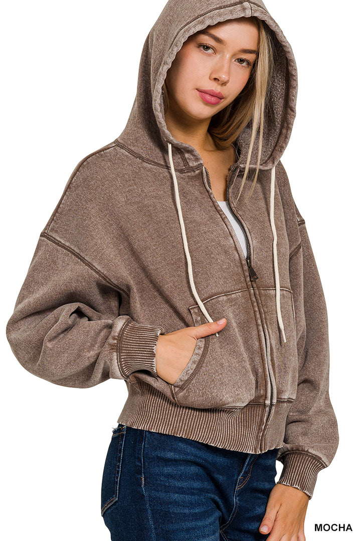 Zenana Full Zip Mineral Washed Hooded Sweatshirt OJW-4308