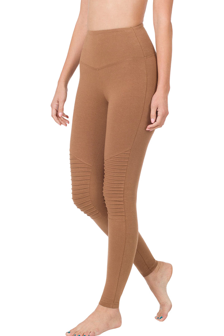 Zenana Cotton Wide Waistband Moto Legging - Dark Camel - Side View