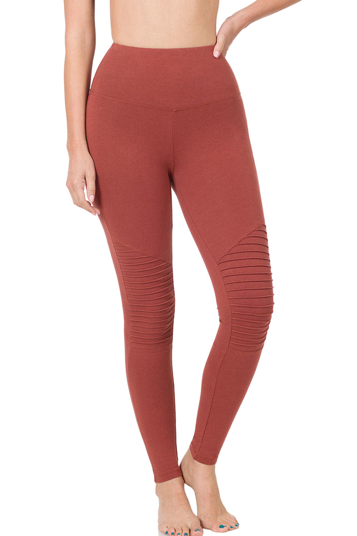 Zenana Cotton Wide Waistband Moto Legging - Fire Brick - Front View