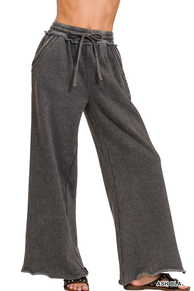 Zenana Acid Washed Fleece Palazzo Sweat Pant - Ash Black - Side View