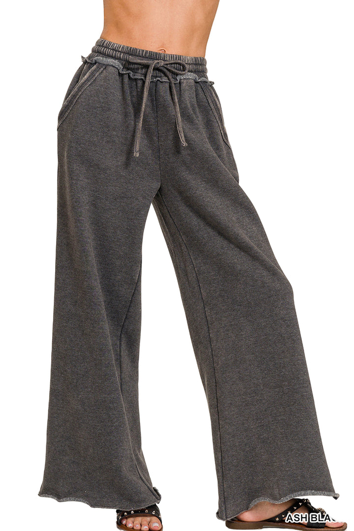 Zenana Acid Washed Fleece Palazzo Sweat Pant - Ash Black - Side View