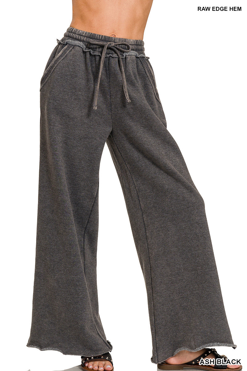 Zenana Acid Washed Fleece Palazzo Sweat Pant OPW-4343Y