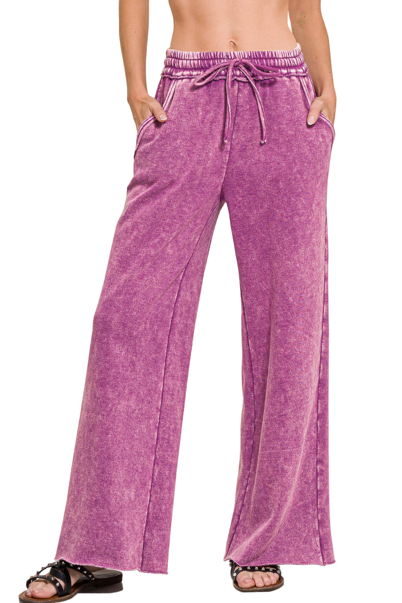 Zenana Acid Washed Fleece Palazzo Sweat Pant - Light Plum - Front View